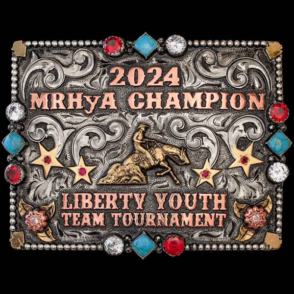 Yee-haw! The Miles City Custom buckle is a combination modern design elements such as it's rectangular shape with traditional western design such as the scrollwork. Personalize it now!